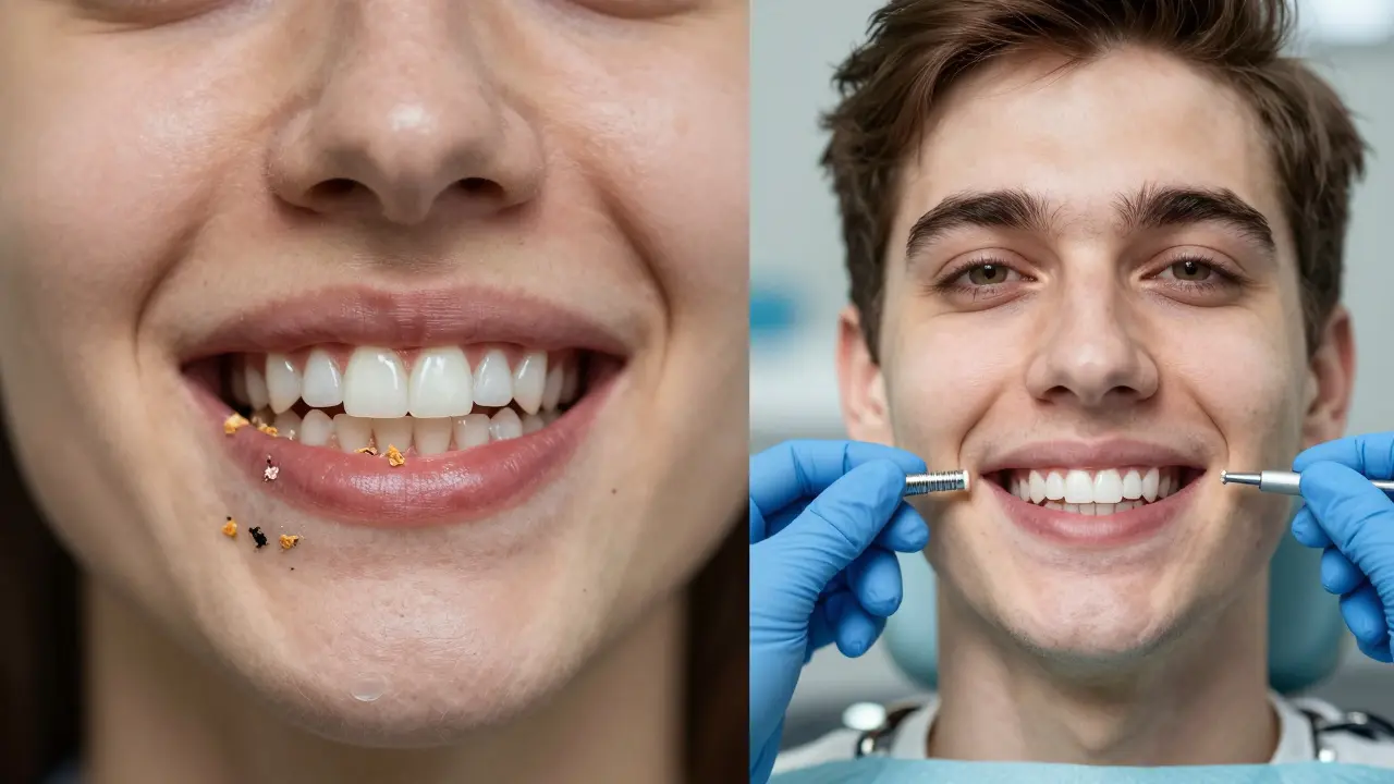 Kontrast mezi dočasnými zuby, které padají, a trvalým zubním implantátem.