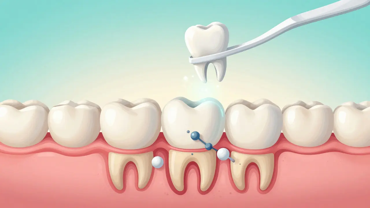 Křížový řez zubu s regenerující sklovinkou a molekulami argininu a fluoridu, symbolické vyobrazení léčby.