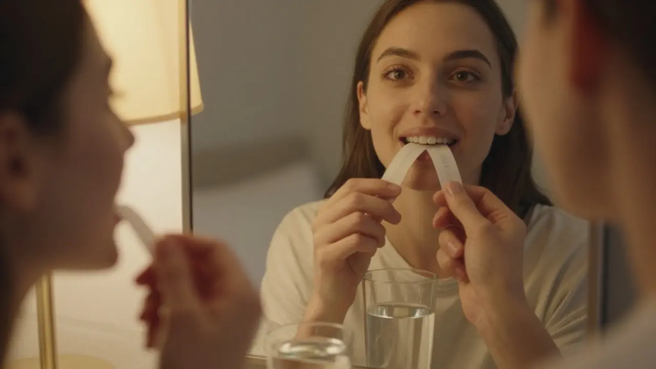 Osoba doma s bělícími proužky a sklenicí vody