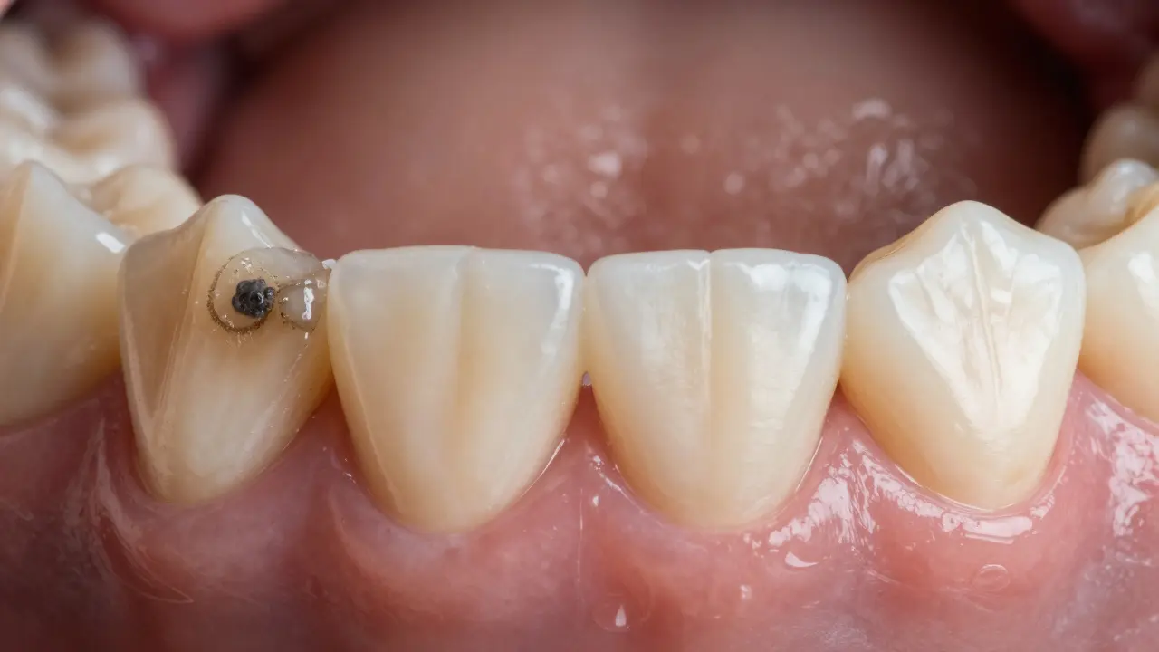 Porovnání zubu s kamenem a zubu po čištění — zdravé dásně a lesklá sklovina.