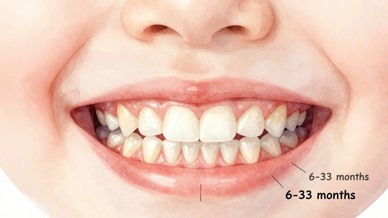 Posloupnost vývoje dětských zubů od prvních řezáků po druhé moláry.