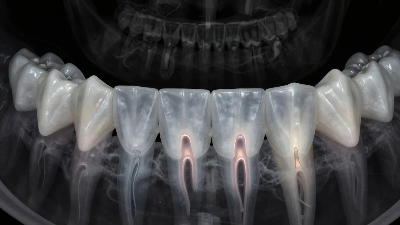 Přehled různých typů kořenů zubů v lidské čelisti s různým počtem kanálků
