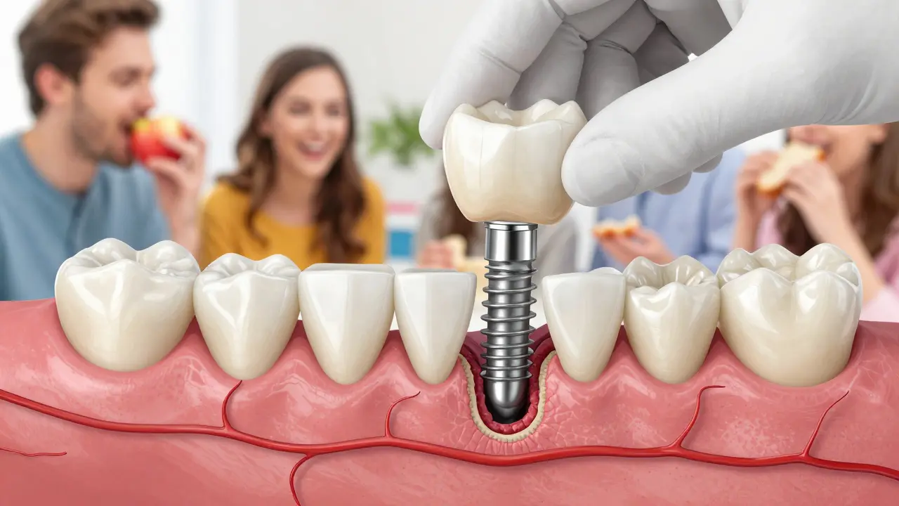 Příčný řez čelistí s implantátem a korunkou, s obrazem lidí, kteří opět jíí a smějí se.