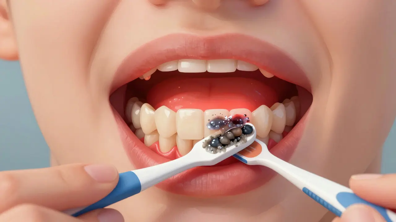 Průřez ústní dutiny ukazující odstranění plaku mezizubním kartáčkem.