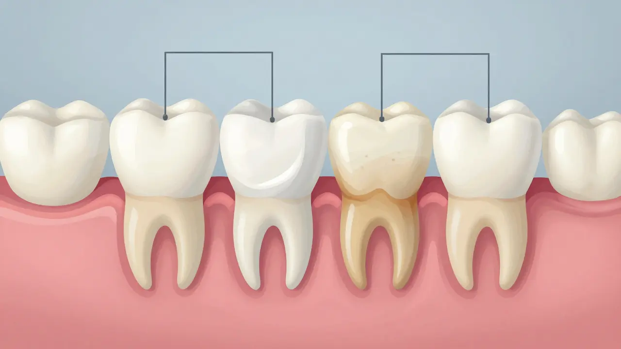 Průřez zubem s pronikáním bělící látky do skloviny a porovnání s plombou.