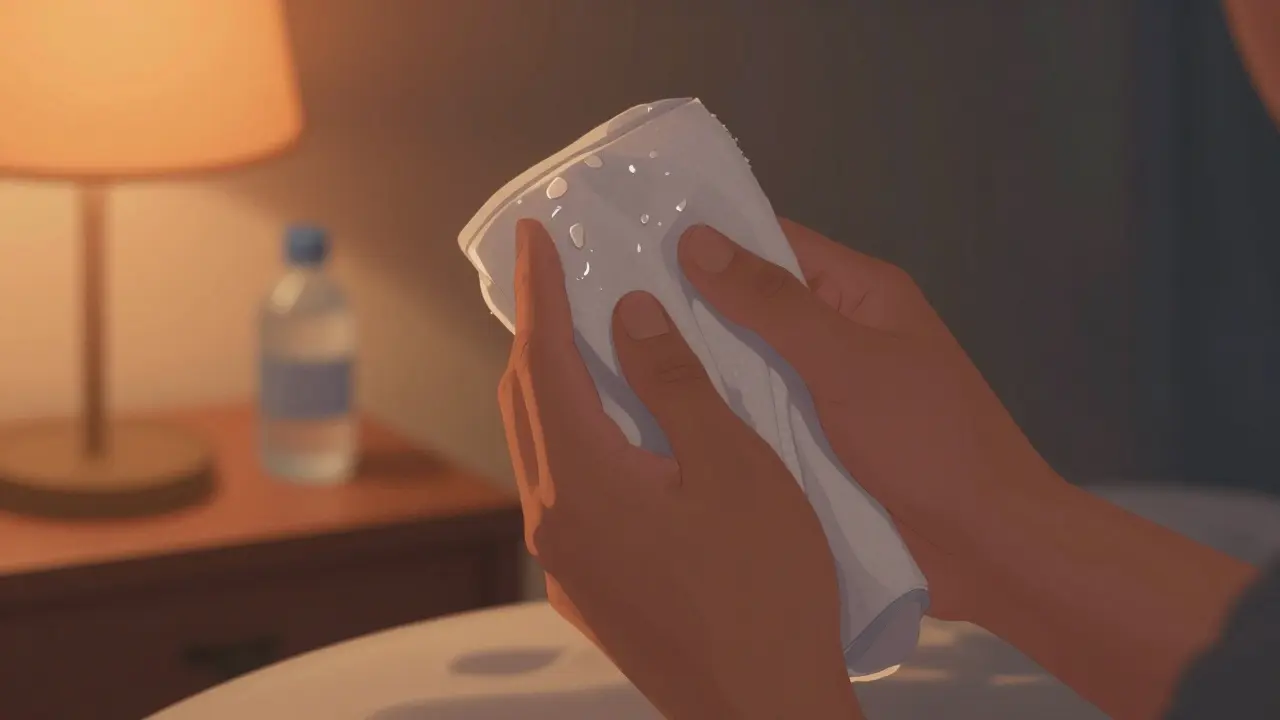 Ruce s chladným hadříkem na tváři po kyretáži pro uklidnění bolesti.