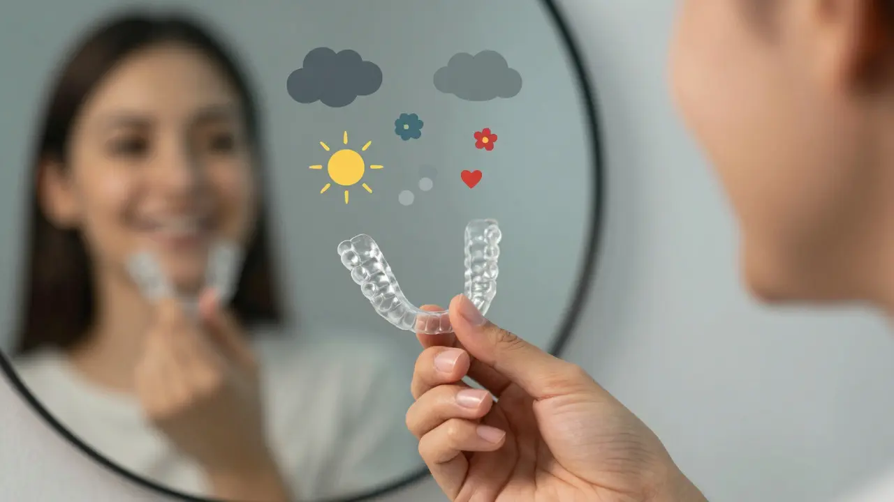 Rukou držená průhledná rovnátka vedle zrcadla, které odrazuje světlý úsměv a rozptylující se obavy.