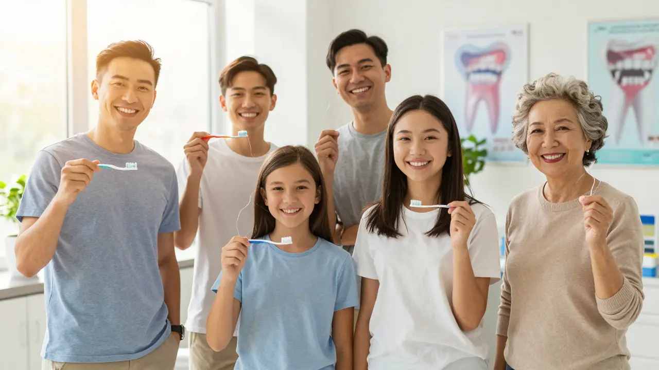 Různé věkové skupiny se smějí s zdravými zuby v čekárně zubní kliniky.