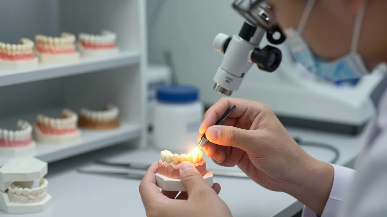 Technician crafting a ceramic dental crown in a laboratory.