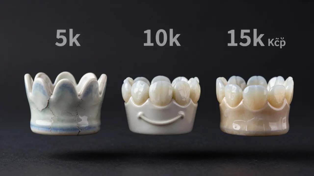 Tři typy korunek v různých kvalitách plavou vedle úsměvu, znázorňující rozdílné ceny a materiály.