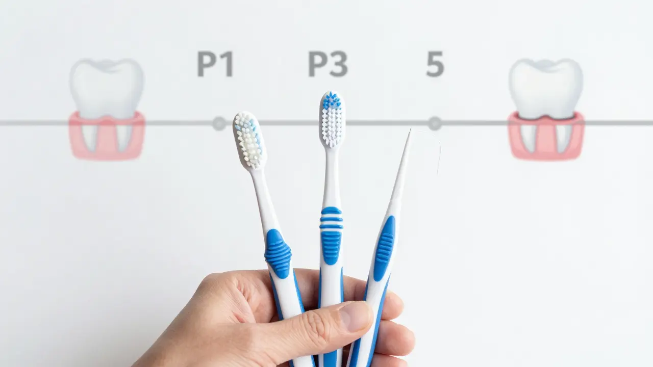 Tři velikosti mezizubních kartáčků vedle jiných nástrojů pro ústní hygienu.