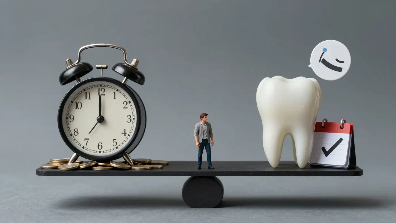 Váha s penězi a zdravým zubem, znázorňující náklady a důležitost nouzové péče.