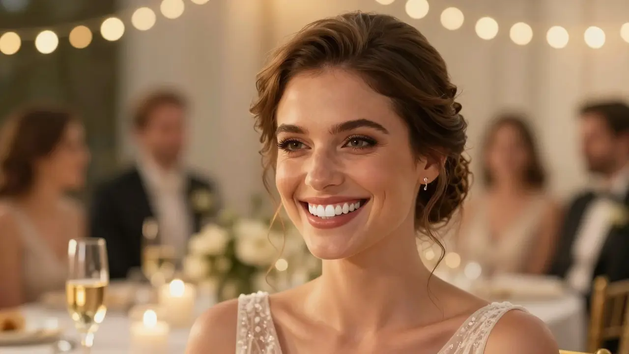 Žena se směje na svatbě s přirozeně vypadajícími dočasnými zuby.