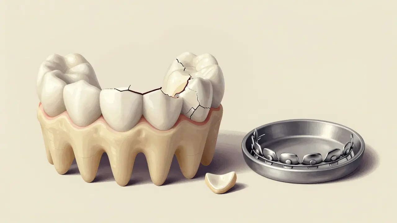 Zlomená keramická rovnátka vedle celé kovové, s nástroji v pozadí jako srovnání odolnosti.