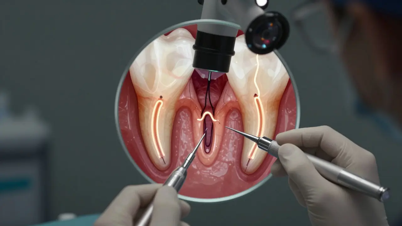 Zubař používá endodontický mikroskop k prohlížení komplexních kořenových kanálků