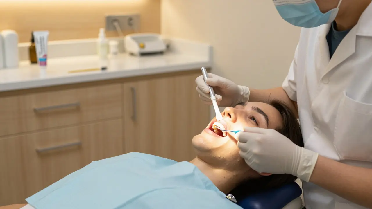 Zubní klinika v Brně, kde dentist aplikuje hydroxyapatitový gel s teplým světlem pro citlivé zuby.