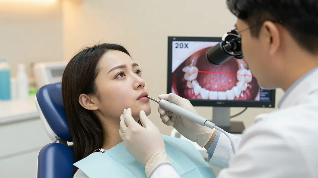 Zubní lékař diagnostikuje prasklou sklovinu pomocí mikroskopu