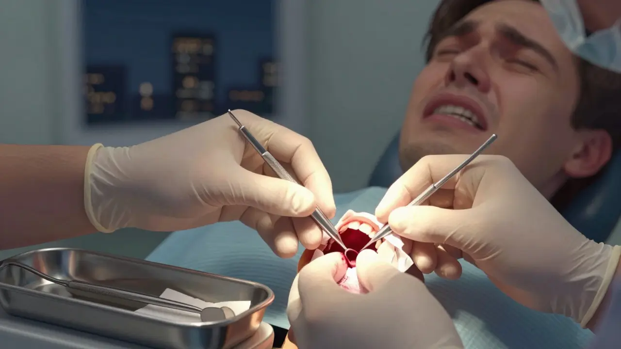 Zubní lékař provádí nouzové vytržení zubu v noci, na stole jsou lékařské nástroje.