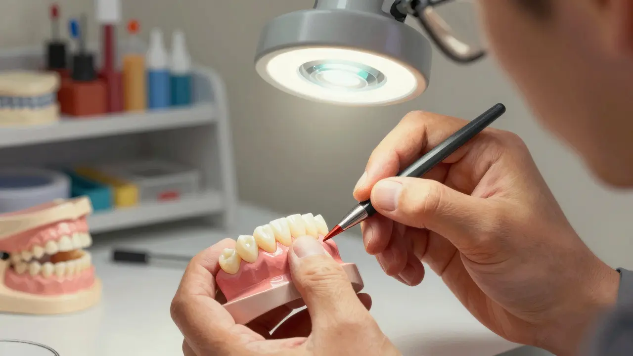 Zubní technik detailně maluje keramickou korunku pomocí jemných štětců pod lůžkovou lampou.