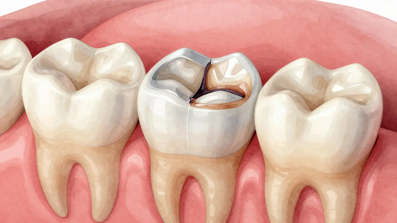 Anatomical illustration of a molar with three types of composite restorations: small filling, deep filling with base, and inlay.