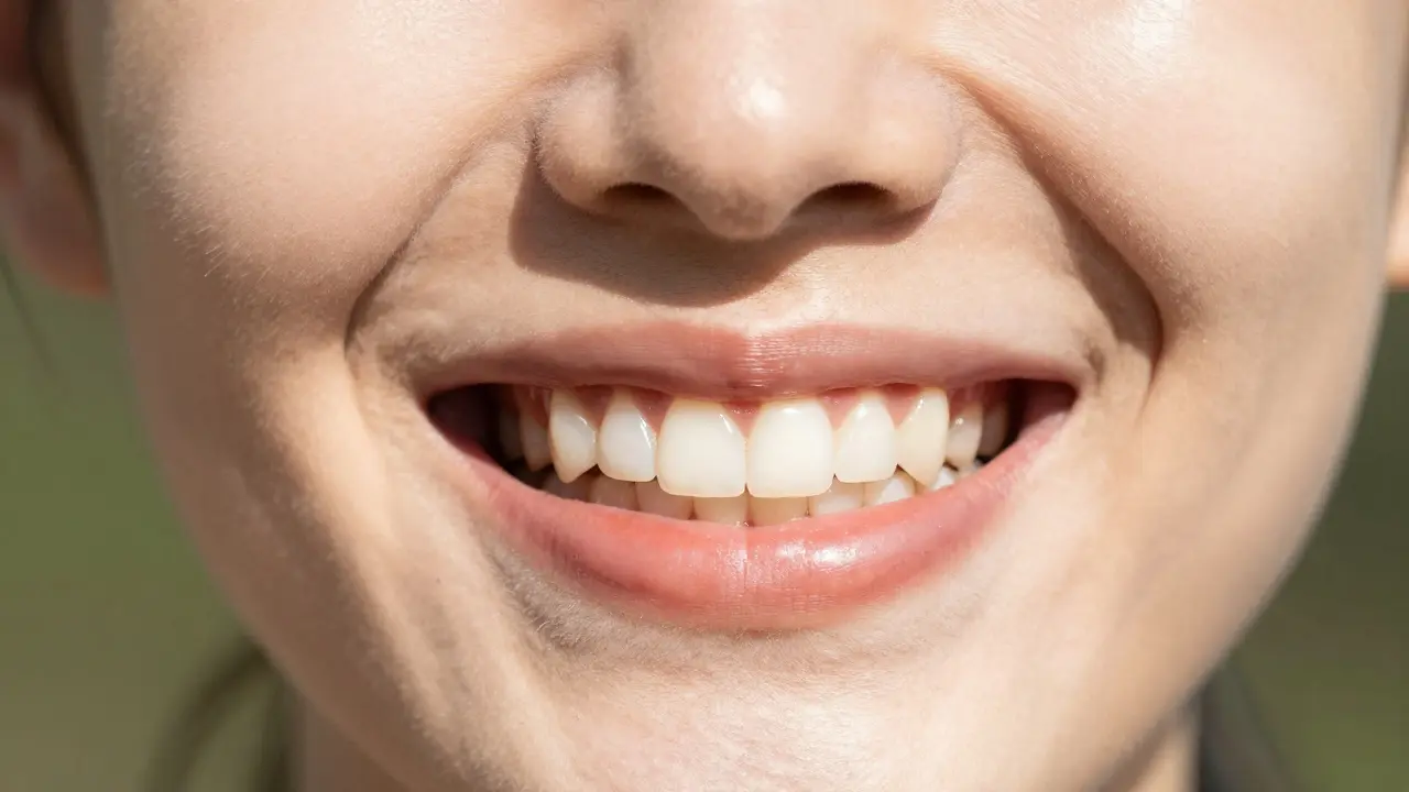 Blízko portrét ženy se zdravým úsměvem a lesklými keramickými zuby.