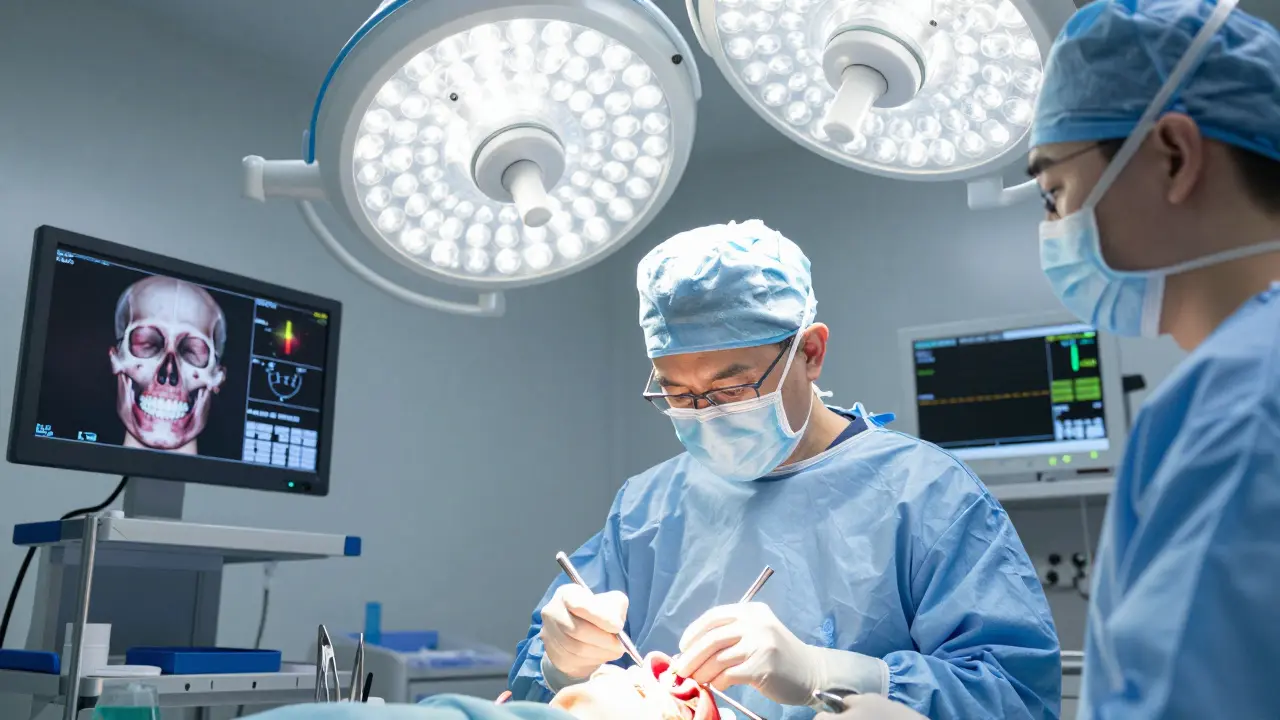 Chirurg provádí operaci čelisti v operačním sále s monitorováním 3D snímků.