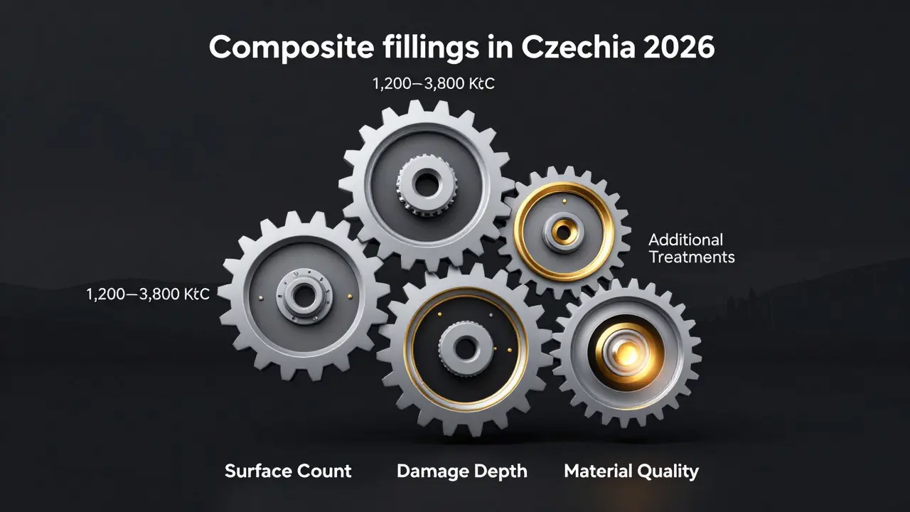 Conceptual diagram showing five factors influencing composite filling costs in Czechia.