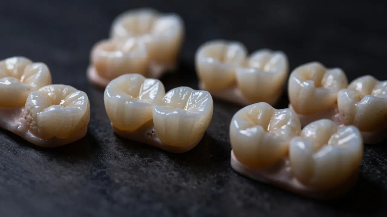 Detailní záběr keramických modelů zubních fazet