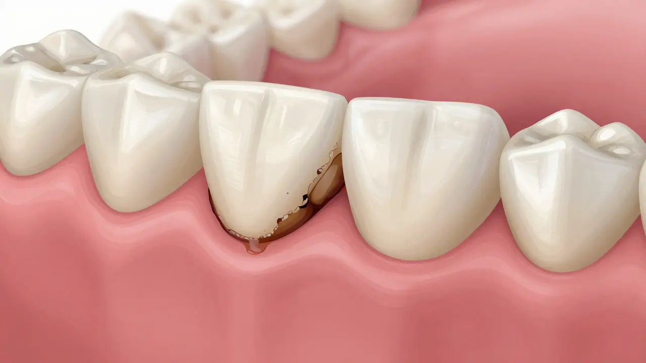 Detailní zobrazení mezery a tmavé čáry na hranici zubního můstku.