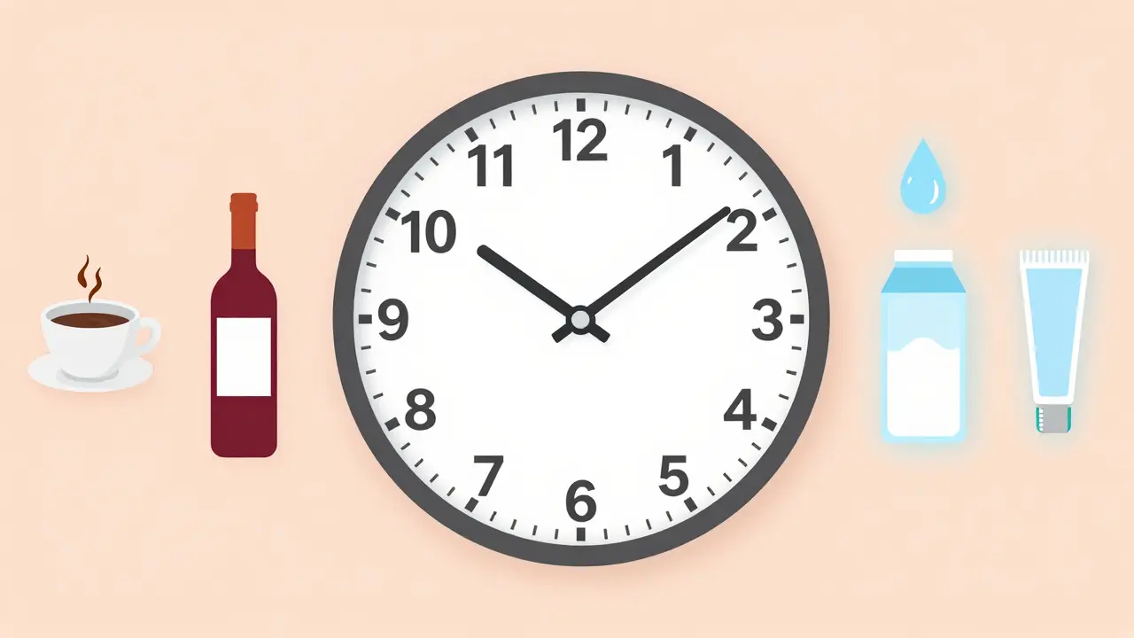 Hodiny s ručičkami ve tvaru zubních kartáčků, ukazující 12 měsíců péče o zuby, s bezpečnými a nebezpečnými potravinami kolem.