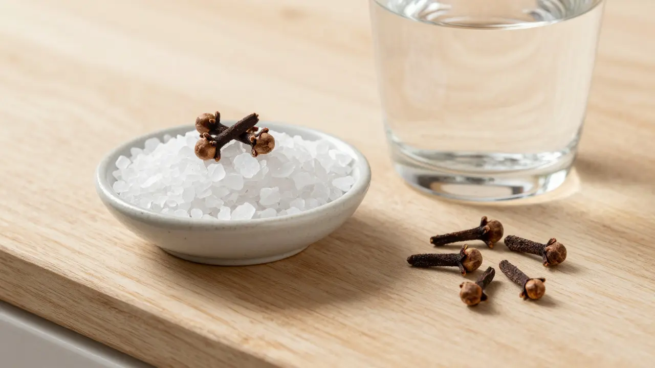 Hřebíček, sůl a voda na stole jako prostředky proti bolesti zubů.