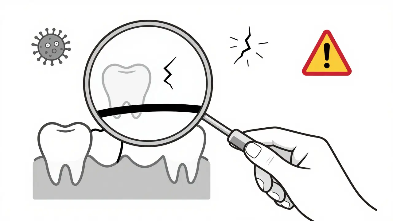 Koncepční ilustrace tří varovných příznaků poškození korunky a můstku.