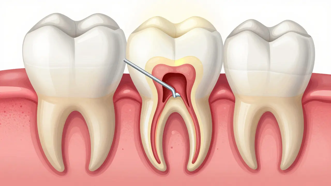 Křížový řez zubem ukazující postup vložení čepu a výstavby jádra pro korunku.