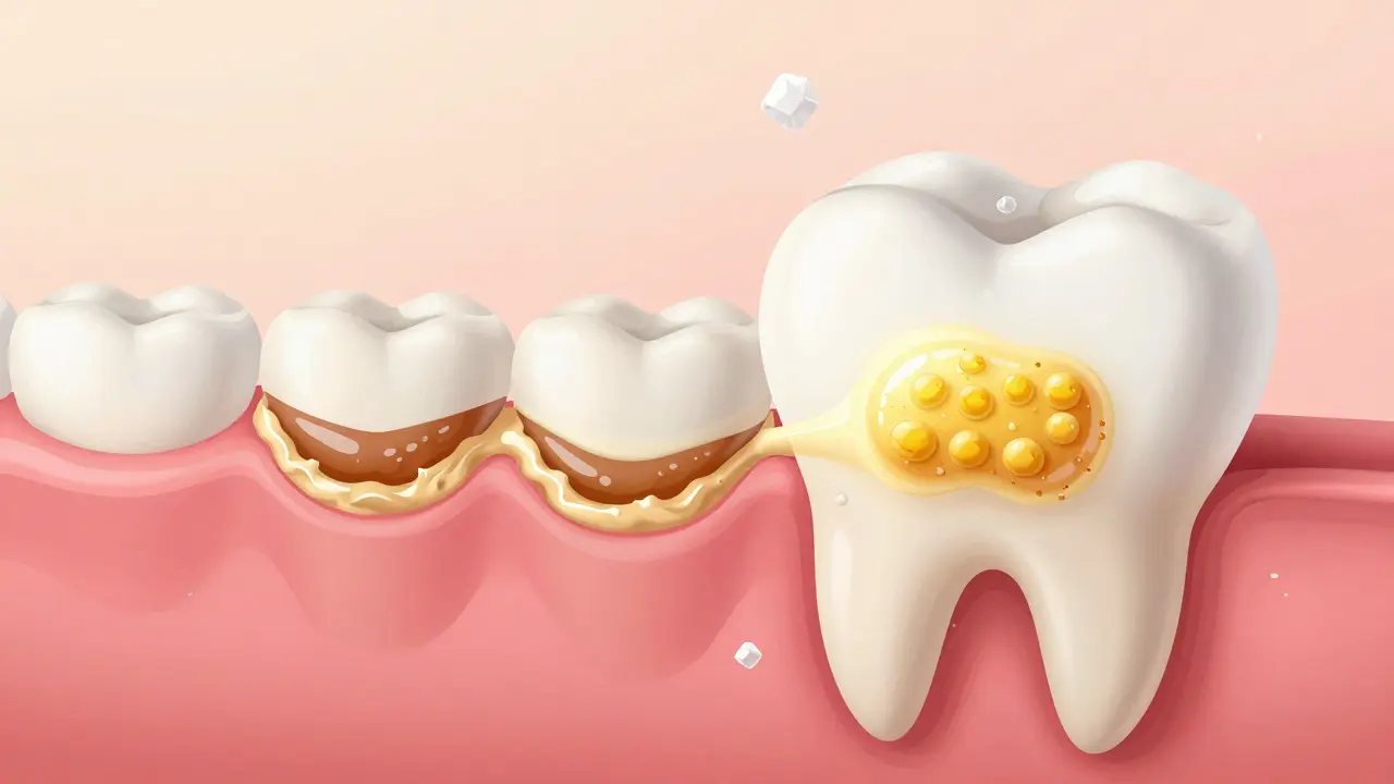 Křížový řez zubu ukazující nános plaku a zubního kamene na hranici dásně.