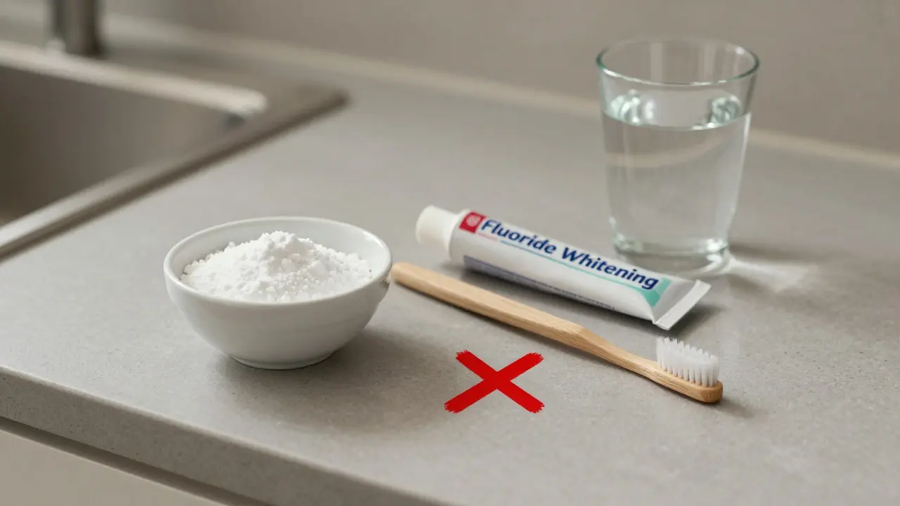 Kuchyňský stůl s jedlou sodou a zakázaným kartáčkem vedle bezpečné bělící zubní pasty.