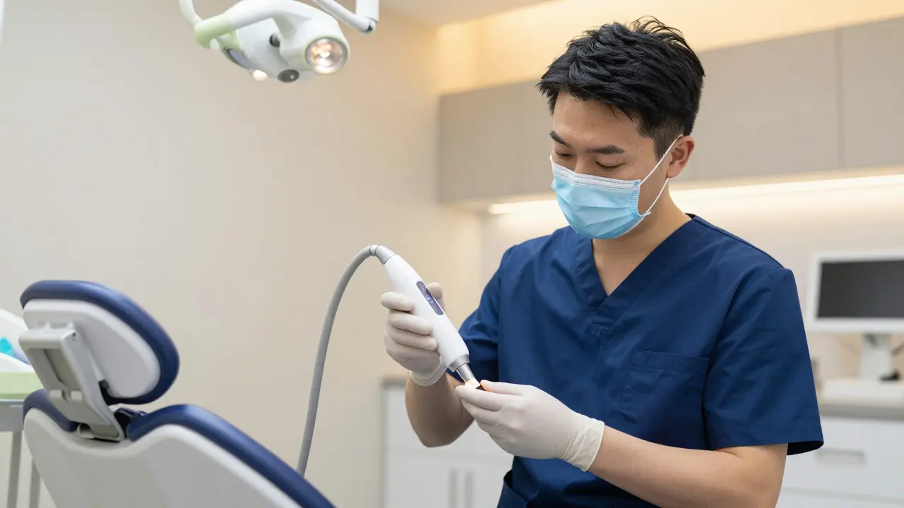 Lékař provádí digitální sken zubů pomocí intraorálního přístroje.