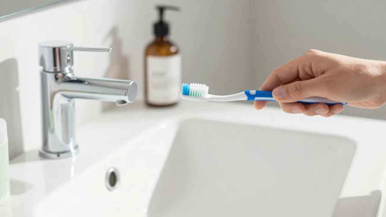 Mladý člověk pečlivě čistí zuby v jasně osvětlené koupelně.