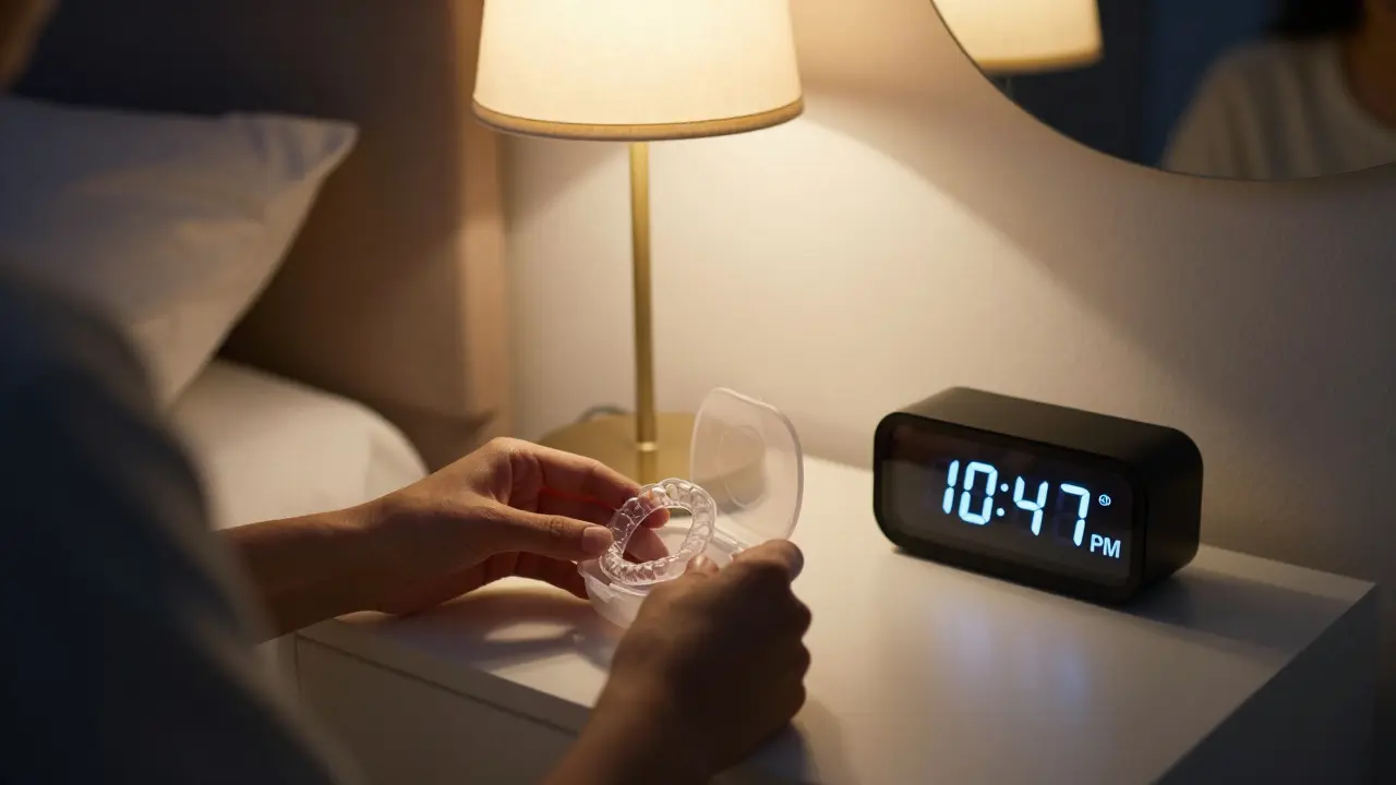 Osoba ukládá retenci do krabičky na noční stolek ve večerním osvětlení.