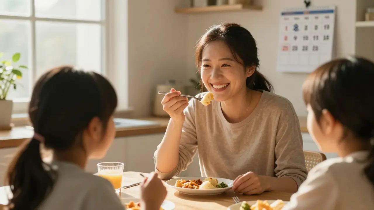 Pacient po operaci jídí s rodinou ve světlé kuchyni, slunce osvětluje okno.