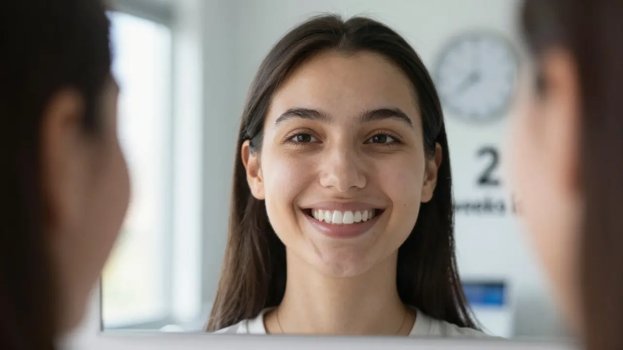 Person smiling in mirror showing natural-looking ceramic veneers with enhanced tooth appearance.