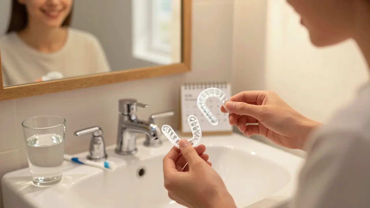 Person using custom whitening trays at home with morning light and bathroom setting.