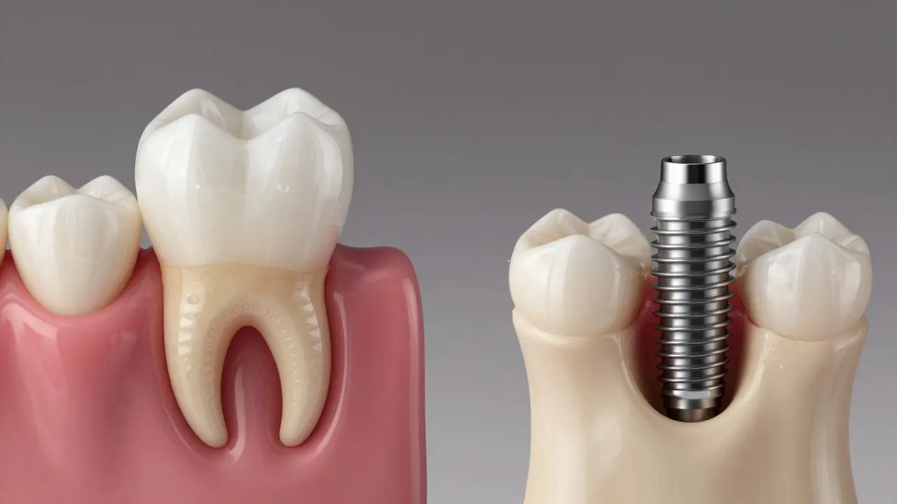 Porovnání zachování zubu pomocí čepu a náhrady implantátem.