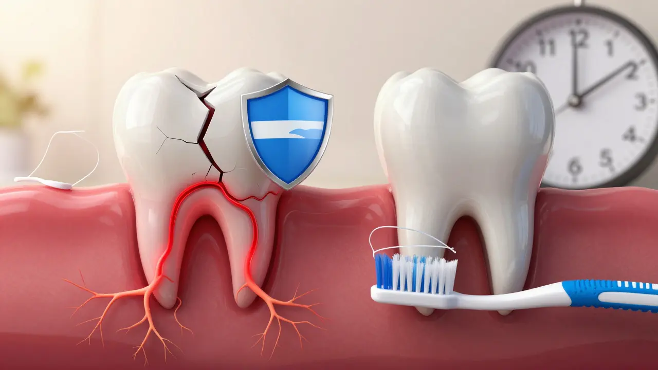 Porovnání zdravého a infikovaného zubu s prvky prevence: kartáček, nit a kalendář.