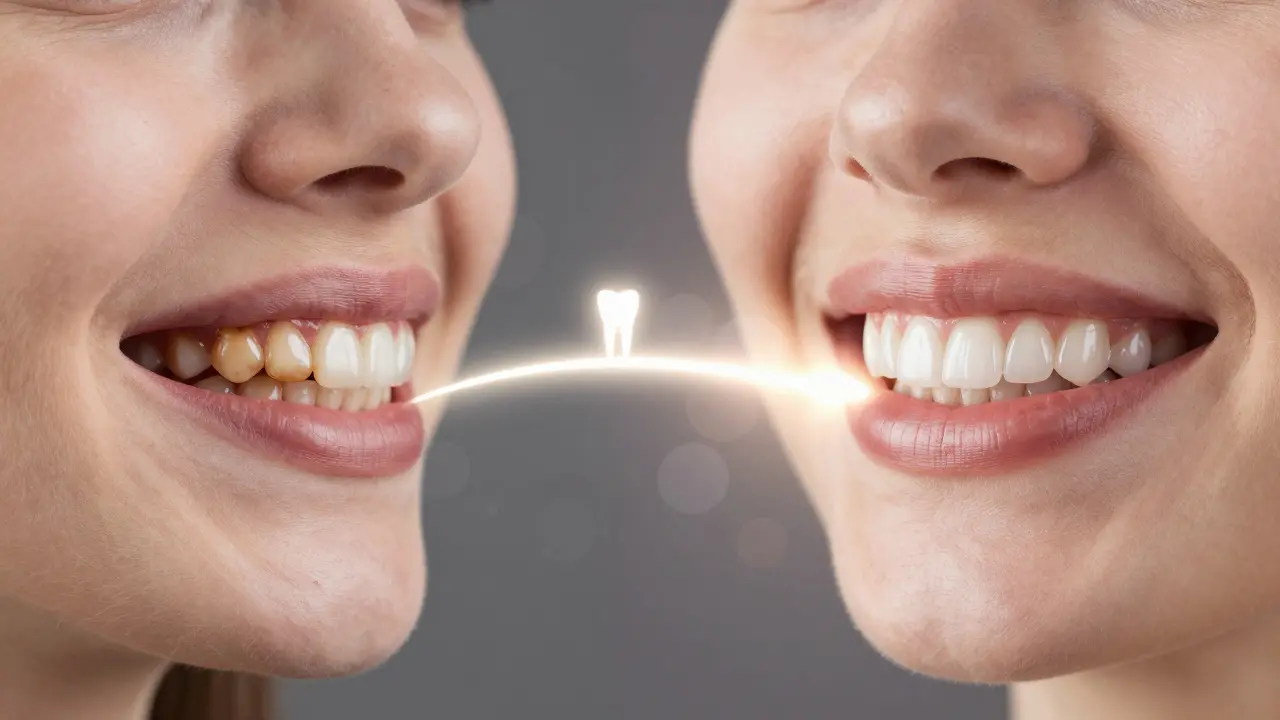 Před a po: tmavé zuby vs. bílý, přirozený úsměv s fazetami.