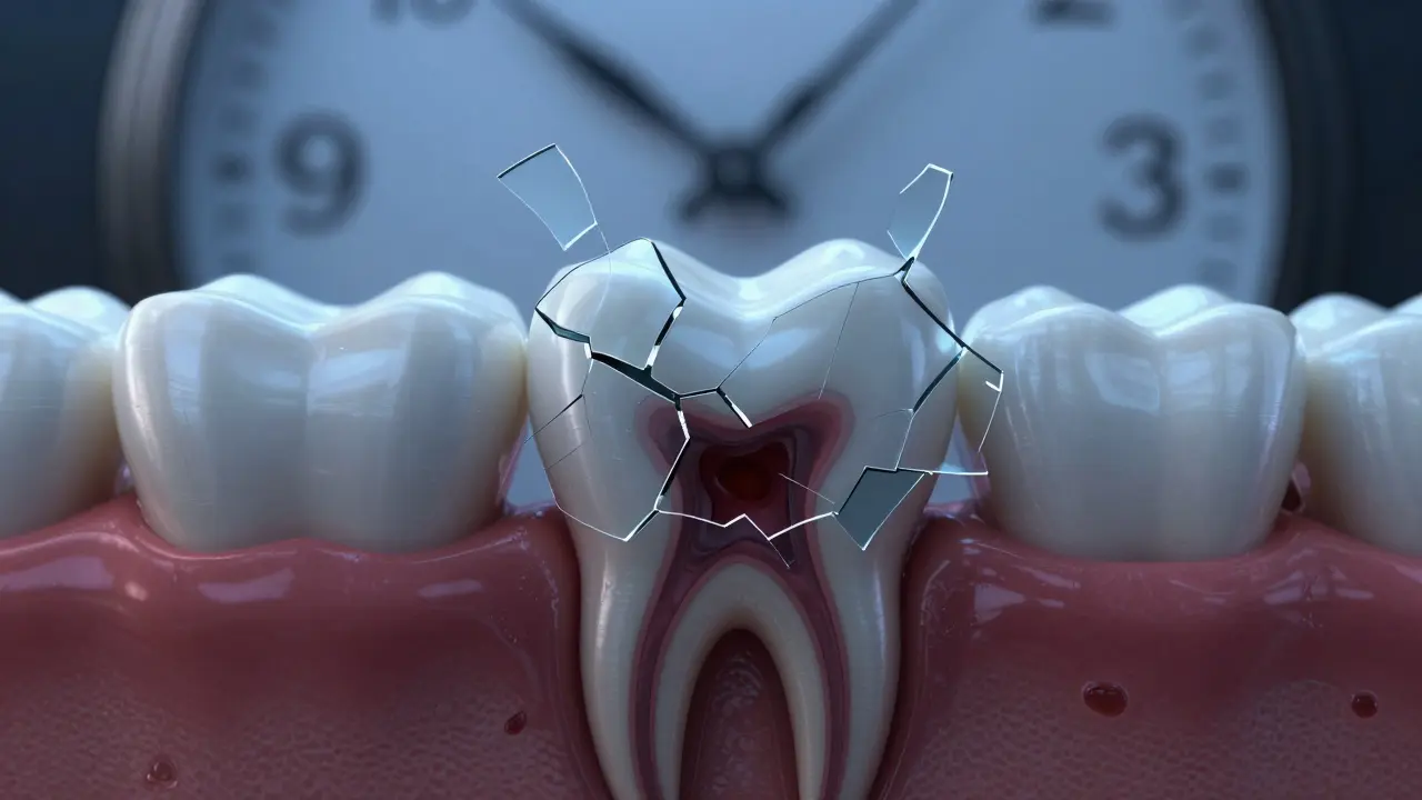 Přehled zubu s poškozenou sklovinou, kde kazy proniká hluboko do vnitřních vrstev jako tmavé skvrny.