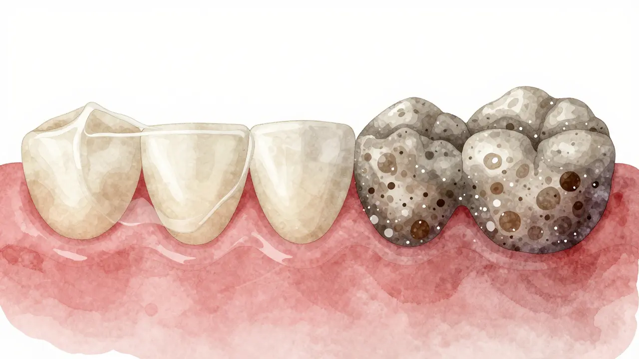 Přeměna měkkého plaku na tvrdý zubní kámen v průběhu času