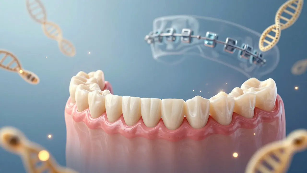 Průřez dětské čelisti s přirozeně rostoucími zuby a genetickými signály stimulujícími růst kosti.