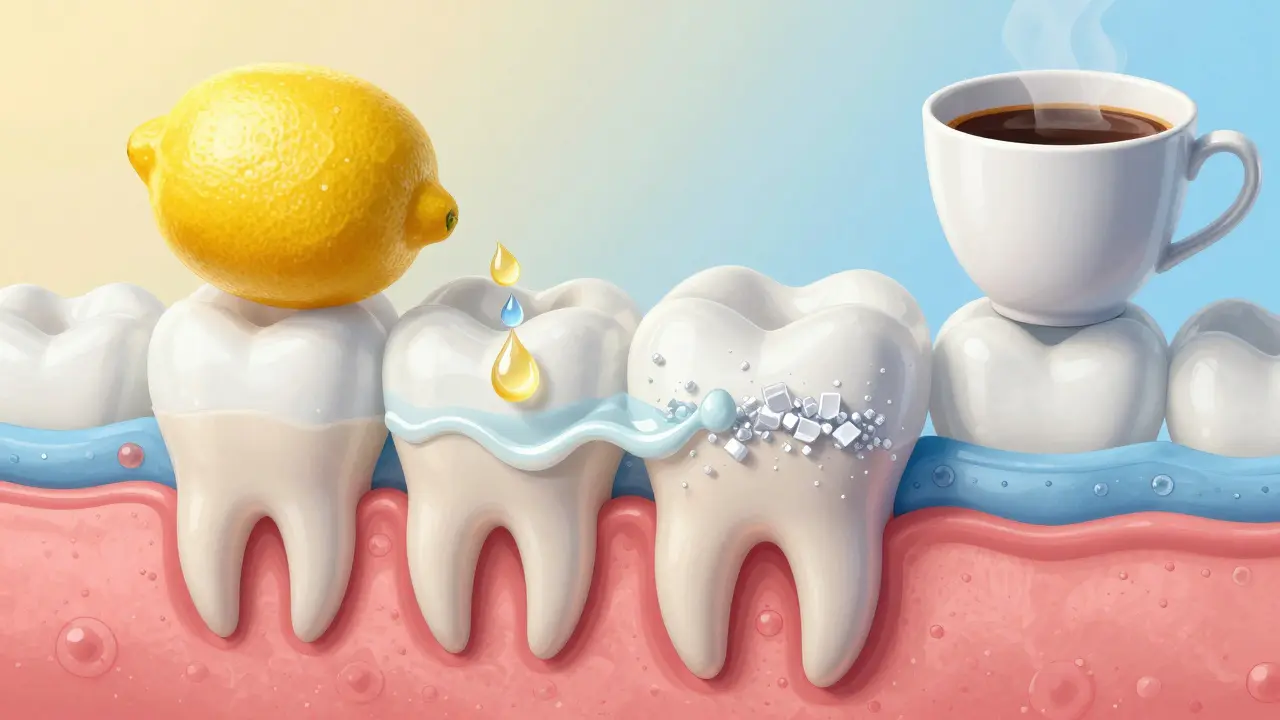 Průřez zubu, kde kyselina ničí sklovinu, zatímco hydroxyapatit pomáhá obnovit povrch.