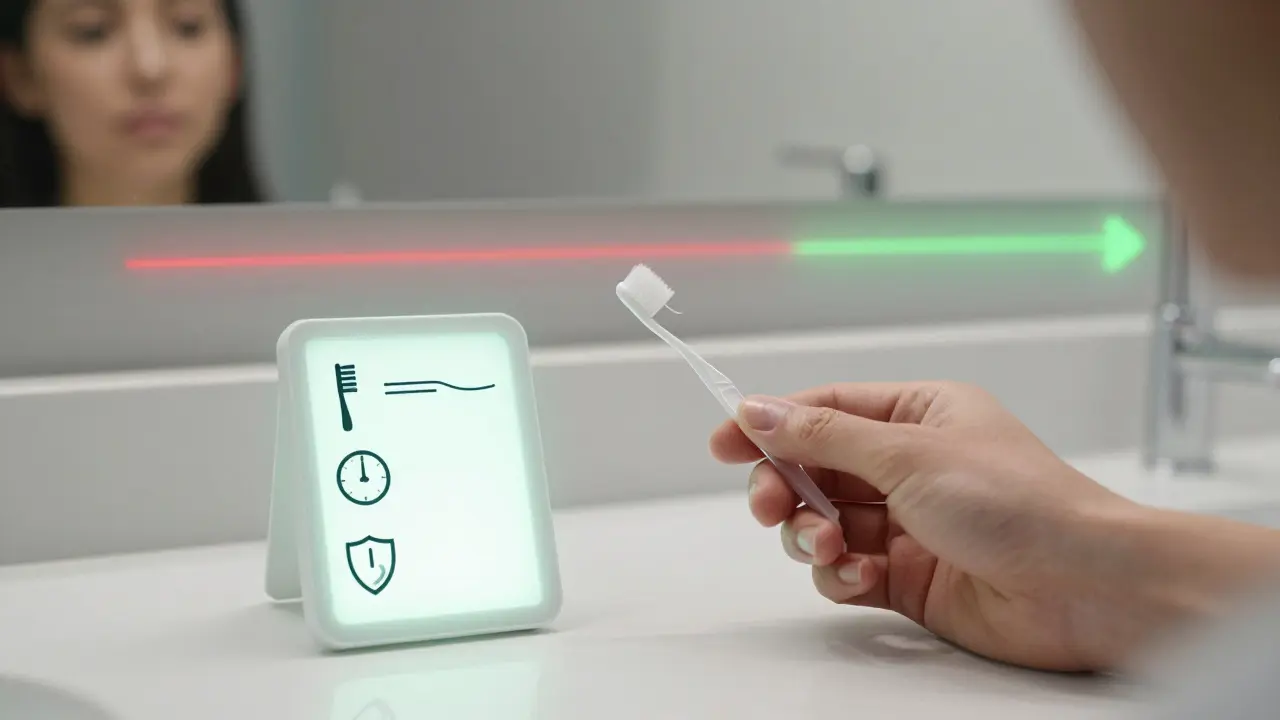 Ruka drží nástroje pro čištění mezizubního prostoru na stole s kontrolním seznamem.