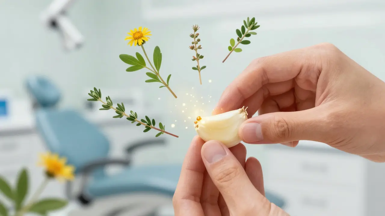 Ruka přiloží česnek k zubu, kolem něj plavou přírodní byliny, symbolizující přirozenou léčbu.